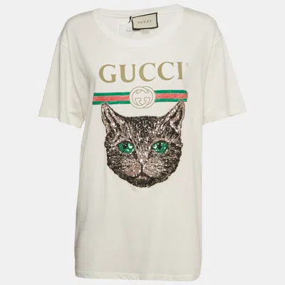 Pre-owned Gucci White Embellished Mystic Cat Applique Distressed Cotton T-shirt S