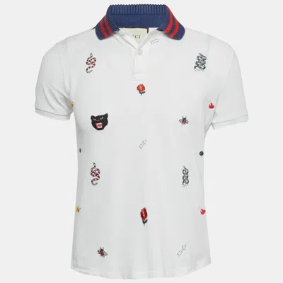 Pre-owned Gucci White Embroidered Cotton Rib Collar Polo T-shirt S