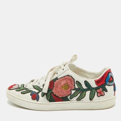Pre-owned Gucci White Floral Embroidered Leather Ace Low Top Sneakers Size 37
