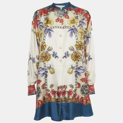 Pre-owned Gucci White Floral Marina Chain Print Silk Twill Blouse M