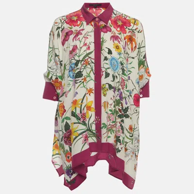 Pre-owned Gucci White Floral Print Silk Crepe Kaftan Blouse Xs