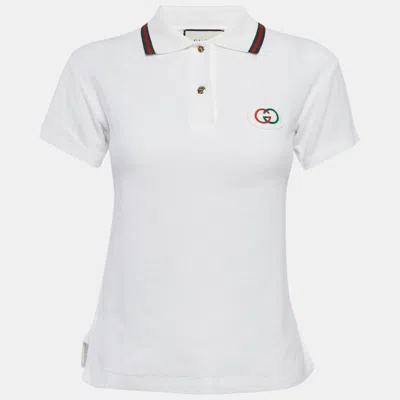 Pre-owned Gucci White Gg Applique Terry Fitted Polo T-shirt S