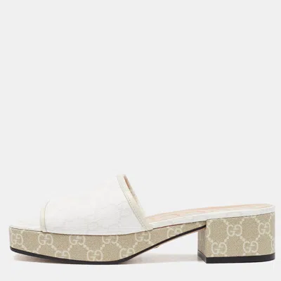 Pre-owned Gucci White Gg Canvas Block Heel Slide Sandals Size 38