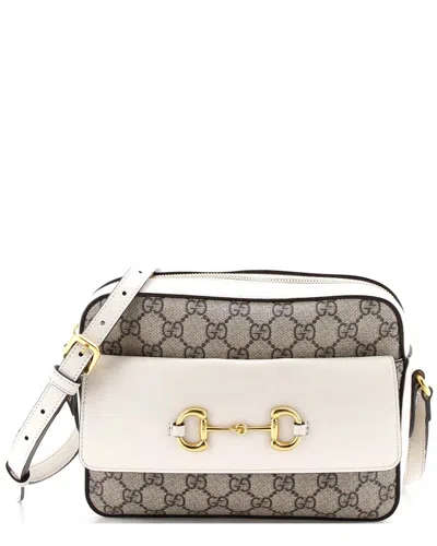 Gucci White Gg Coated Canvas & Leather Horsebit 1955 Flap Pocket Camera Bag  Small (authentic Pre-lo In Brown