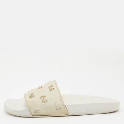 Pre-owned Gucci White Gg Laser Cut Rubber Slides Size 38