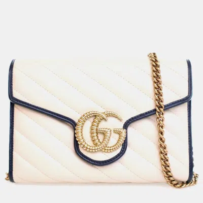 Pre-owned Gucci White Gg Marmont Matelasse Leather Torchon Wallet On Chain