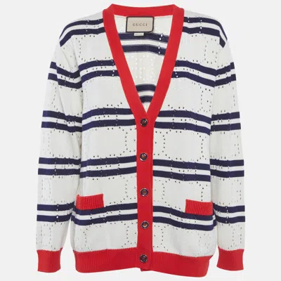 Pre-owned Gucci White Gg Pointelle Knit Striped Cardigan S