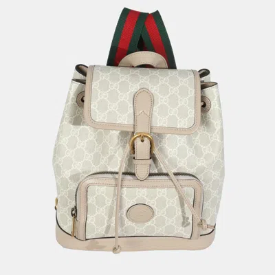 Pre-owned Gucci White Gg Supreme Monogram Azalea Calfskin Retro Interlocking G Buckle Back In Sand