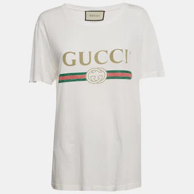 Pre-owned Gucci White Gg Web Print Cotton Distressed T-shirt S
