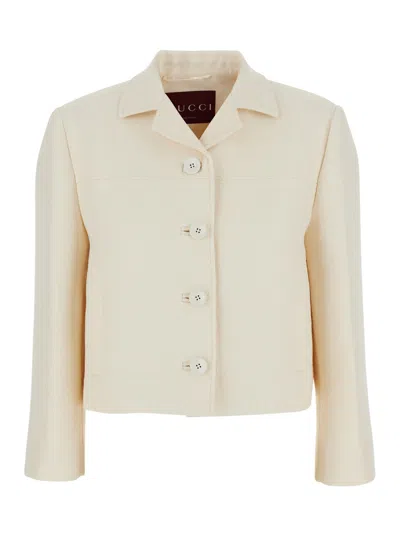 GUCCI WHITE JACKET WITH NOTCHED REVERS IN GG CANVAS WOMAN