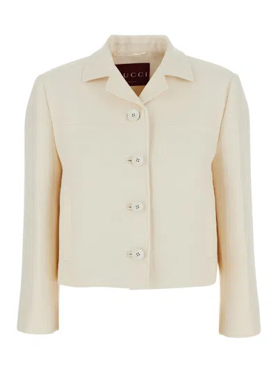 Gucci White Jacket With Notched Revers In Gg Canvas Woman In Green