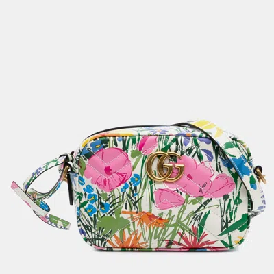 Pre-owned Gucci White Ken Scott Mini Gg Marmont Floral Printed Matelasse Leather Crossbody