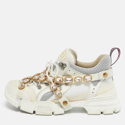 Pre-owned Gucci White Knit Fabric And Leather Flashtrek Lace Up Sneakers Size 40