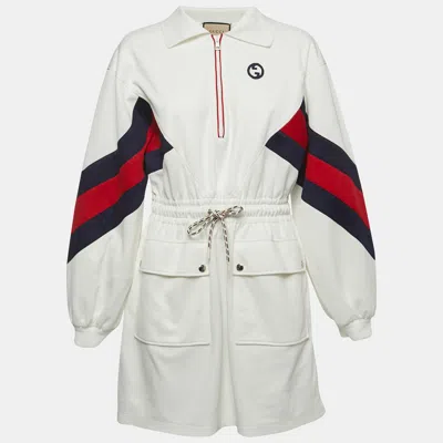 Pre-owned Gucci White Knit Interlocking G Web Detailed Mini Polo Dress M
