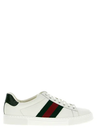 Gucci Ace Leather Sneakers With Lateral Web Band In White