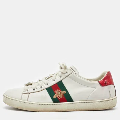Pre-owned Gucci White Leather Ace Bee Embroidered Low Top Sneakers Size 38