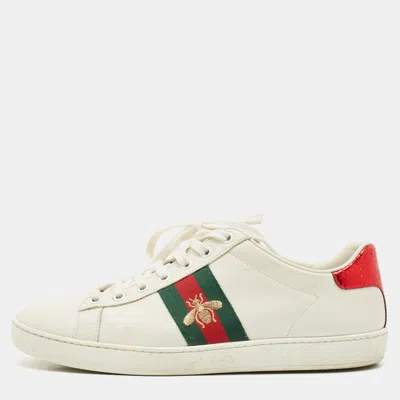Pre-owned Gucci White Leather Ace Bee Embroidered Low Top Sneakers Size 38.5