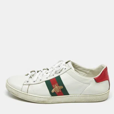 Pre-owned Gucci White Leather Ace Bee Embroidered Low Top Sneakers Size 38.5