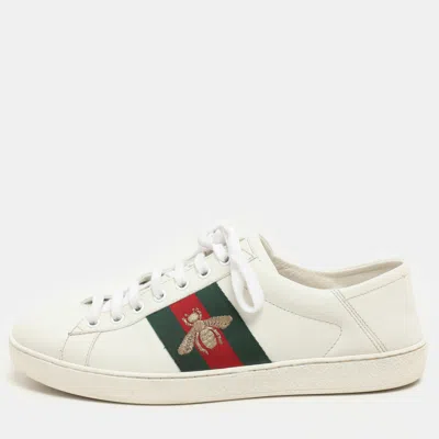 Pre-owned Gucci White Leather Ace Bee Embroidered Low Top Sneakers Size 40.5
