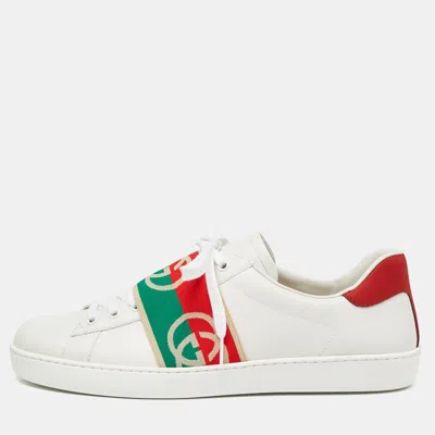Pre-owned Gucci White Leather Ace Elastic Web Low Top Sneakers Size 43