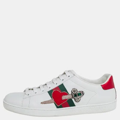 Pre-owned Gucci White Leather Ace Embellished Low Top Trainers Size 39