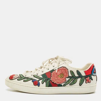 Pre-owned Gucci White Leather Ace Floral Applique Low Top Sneakers Size 39.5