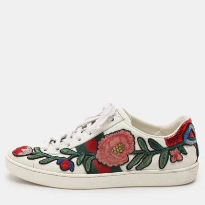 Pre-owned Gucci White Leather Ace Floral-embroidered Web Low Top Sneakers Size 36