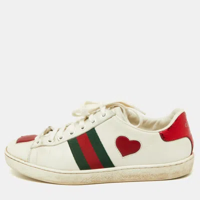 Pre-owned Gucci White Leather Ace Heart Web Low Top Sneakers Size 37