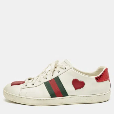 Pre-owned Gucci White Leather Ace Web Heart Detail Lace Up Sneaker Size 41