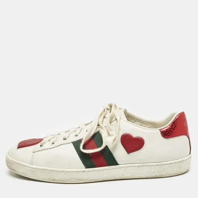 Pre-owned Gucci White Leather Ace Web Heart Detail Lace Up Sneakers Size 38