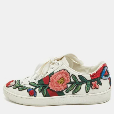 Pre-owned Gucci White Leather Ace Web Low Top Trainers Size 34