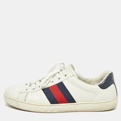 Pre-owned Gucci White Leather Ace Web Low Top Sneakers Size 40.5