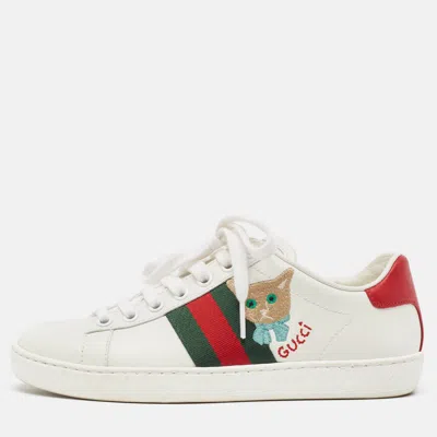 Pre-owned Gucci White Leather Ace Web Sneakers Size 34