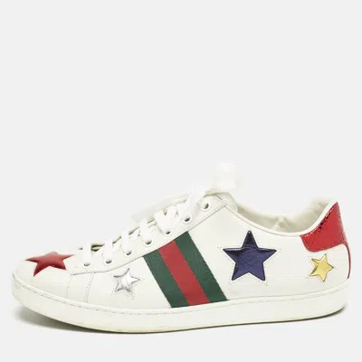 Pre-owned Gucci White Leather Ace Web Star Detail Lace Up Sneakers Size 38.5