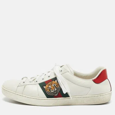 Pre-owned Gucci White Leather Ace Web Tiger Embroidered Low Top Sneakers Size 43