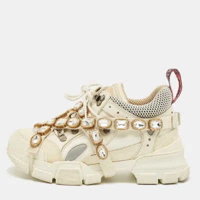 Pre-owned Gucci White Leather And Mesh Flashtrek Lace Up Sneakers Size 36