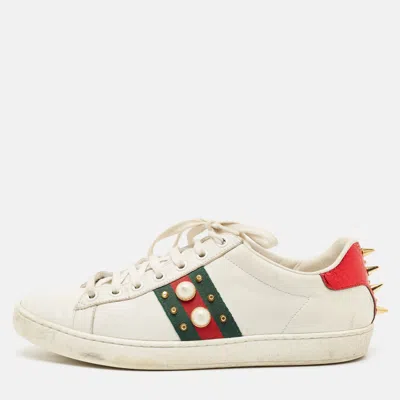 Pre-owned Gucci White Leather And Python Embossed Ace Lace Up Sneakers Size 38.5