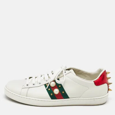 Pre-owned Gucci White Leather And Python Embossed Leather New Ace Lace Up Sneakers Size 38.5