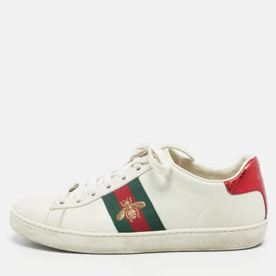 Pre-owned Gucci White Leather And Snakeskin Embossed Ace Lace Up Sneakers Size 35.5