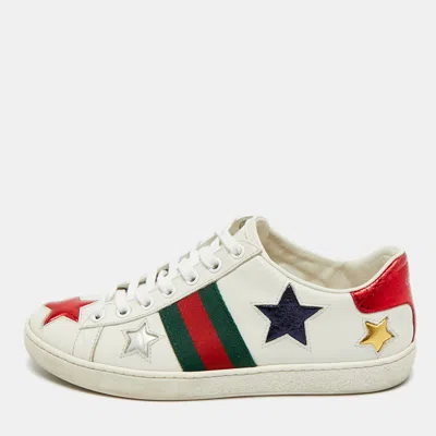 Pre-owned Gucci White Leather And Snakeskin Embossed Ace Lace Up Trainers Size 36