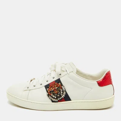 Pre-owned Gucci White Leather And Snakeskin Embossed Ace Web Lace Up Sneakers Size 37