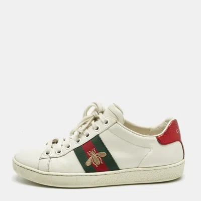 Pre-owned Gucci White Leather And Snakeskin Embossed Leather Ace Lace Up Sneakers Size 35