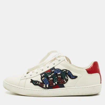 Pre-owned Gucci White Leather And Snakeskin Embossed Leather Ace Low Top Sneakers Size 35.5