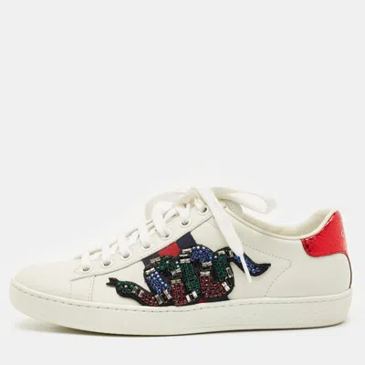 Pre-owned Gucci White Leather And Snakeskin Leather Ace Low Top Sneakers Size 35.5