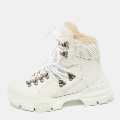 Pre-owned Gucci White Leather And Suede Flashtrek High Top Sneakers Size 35