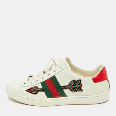 Pre-owned Gucci White Leather Arrow Embellished Ace Sneakers Size 36.5