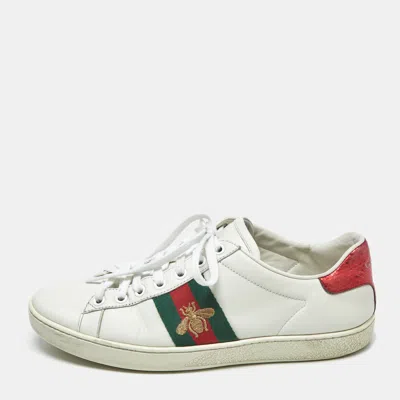 Pre-owned Gucci White Leather Bee Embroidered Ace Low Top Sneakers Size 37