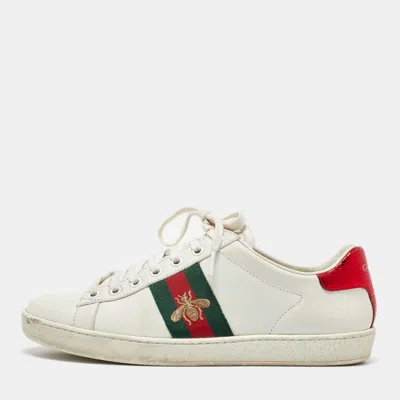 Pre-owned Gucci White Leather Bee Embroidered Ace Low Top Sneakers Size 38