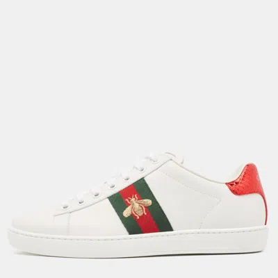 Pre-owned Gucci White Leather Bee Embroidered Ace Sneakers Size 37