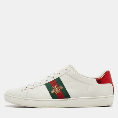 Pre-owned Gucci White Leather Bee Embroidered Ace Sneakers Size 38.5